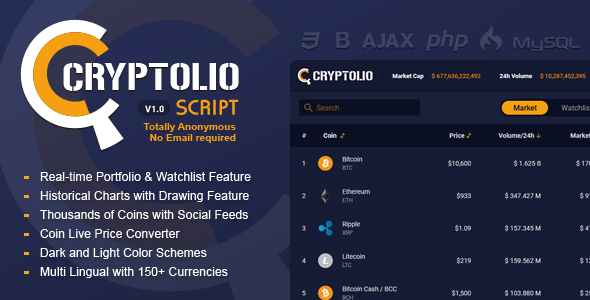 Cryptolio - Realtime Cryptocurrency Market Prices, Charts, Portfolio » Premium Scripts, Plugins & Mobile