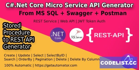 MS SQL to .Net Core Rest API Generator + JWT Auth + Swagger + Postman v1.4 » Premium Scripts, Plugins & Mobile
