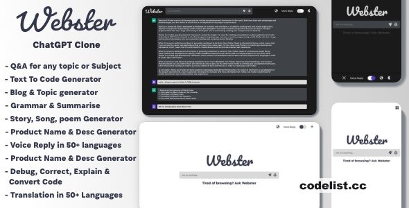 Webster v1.0 - ChatGPT Clone Text to Code Q&amp;A Blog Generator Grammar Summarise Translate SEO Page Builder &raquo; Premium Scripts, Plugins &amp; Mobile