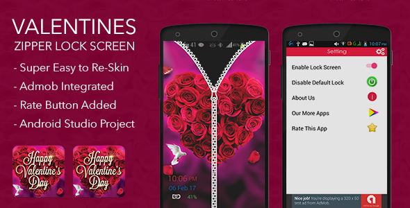 Valentines Zipper Lock Screen with Admob » Premium Scripts, Plugins & Mobile