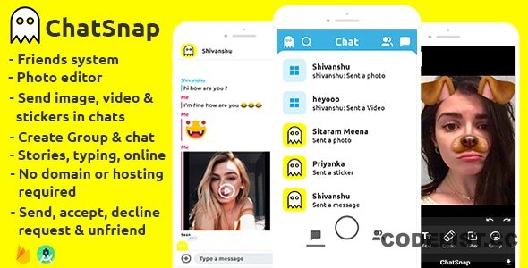 ChatSnap v2.1 - Snapchat clone social network friend face filters chat editor + android studio + firebase » Premium Scripts, Plugins & Mobile