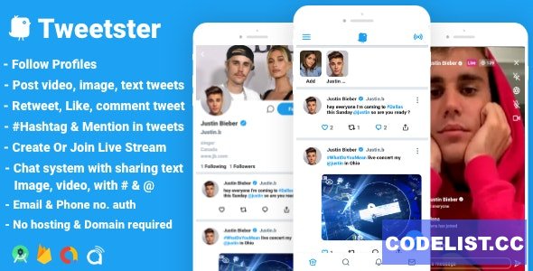 Tweetster v1.0 - Twitter clone social network app Follow Chat Tweet Live android studio » Premium Scripts, Plugins & Mobile