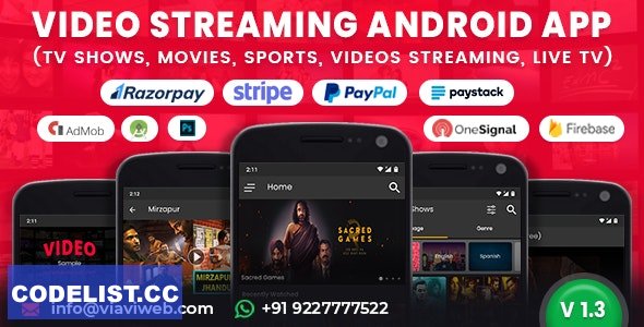 Video Streaming Android App v1.3 - TV Shows, Movies, Sports, Videos Streaming, Live TV » Premium Scripts, Plugins & Mobile