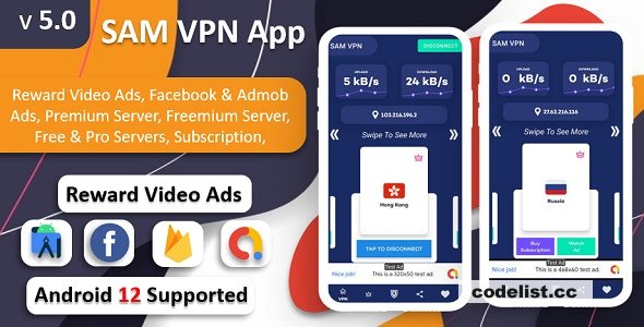 SAM VPN App v5.0 - Secure VPN and Fast Servers VPN | Reward Video Ads | Subscription | Admob & FB Ads » Premium Scripts, Plugins & Mobile