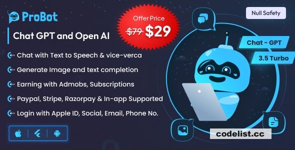 ProBot v1.2 - ChatGPT | Admob | Subscription InApp | Open AI Chat, Writing Assistant & Image Generator » Premium Scripts, Plugins & Mobile