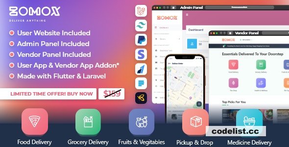 Zomox v2.1 - Grocery, Food, Pharmacy Courier & Service Provider + Backend + Driver app » Premium Scripts, Plugins & Mobile