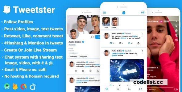 Tweetster - Twitter clone social network app Follow Chat Tweet Live android studio + firebase +admob » Premium Scripts, Plugins & Mobile